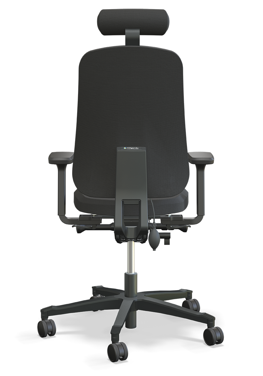 Kontorstol Höganäs 280 i svart med nackstöd och armstöd, svensk premiumkvalitet för ergonomisk kontorsmiljö.