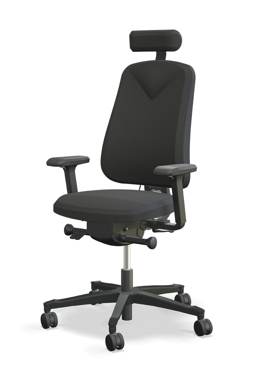 Kontorstol Höganäs 280 svart med nackstöd och armstöd, svensk premiumkvalitet och ergonomisk design.