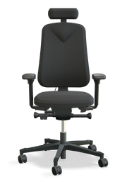 Kontorstol Höganäs +380 i svart med nackstöd, armbesröd och ergonomiskt svankstöd för aktivt sittande.