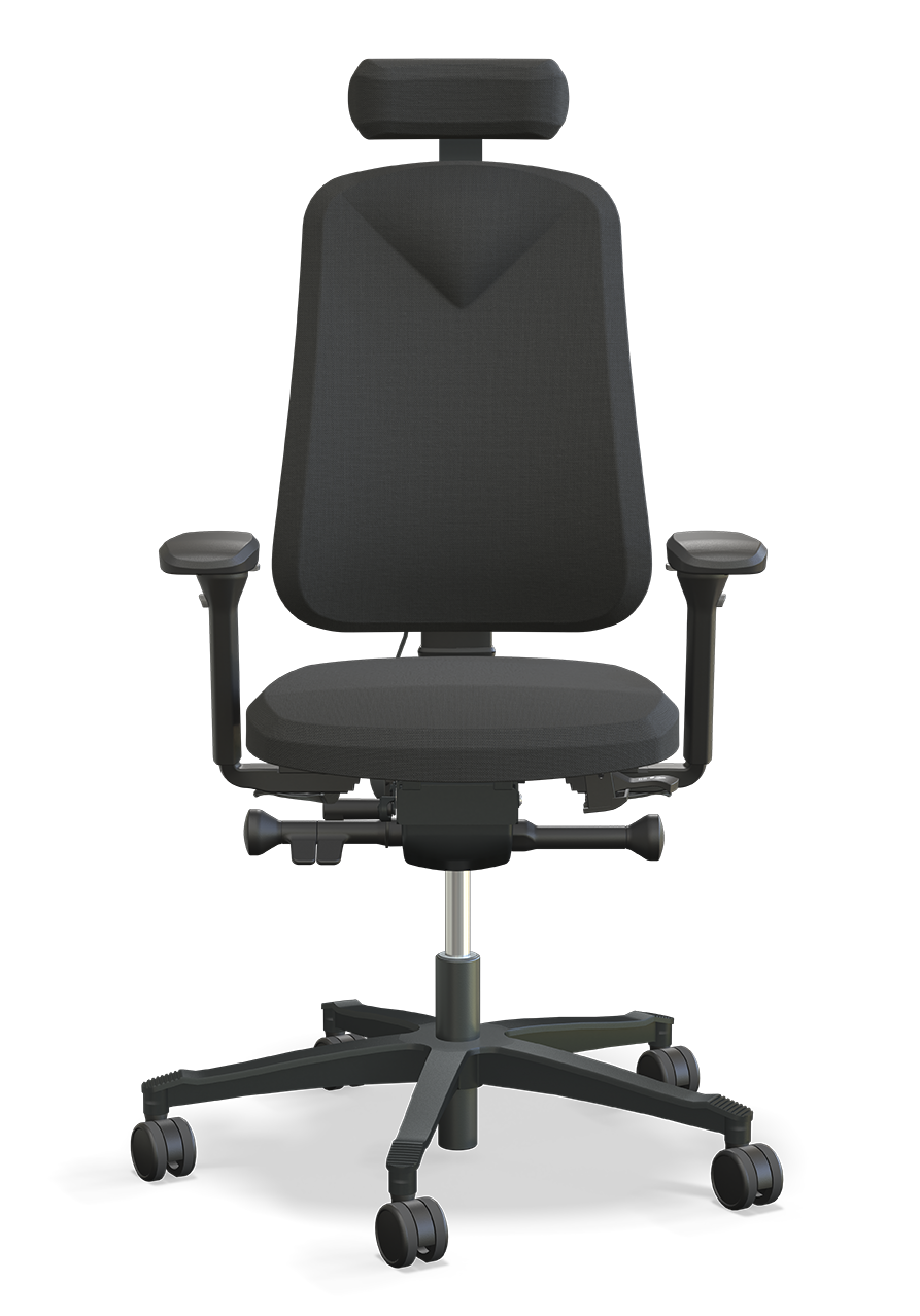 Kontorstol Höganäs +380 i svart med nackstöd, armbesröd och ergonomiskt svankstöd för aktivt sittande.