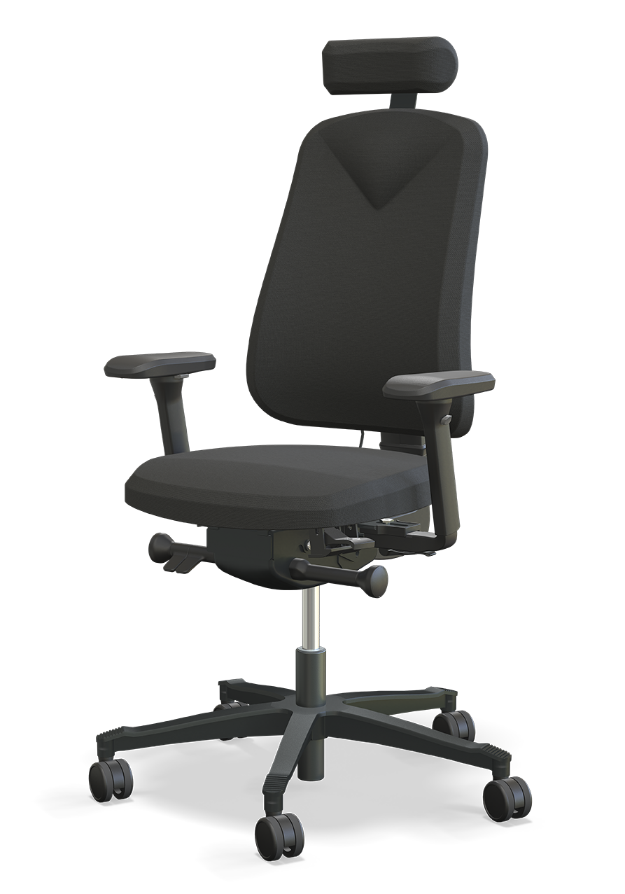 Kontorstol Höganäs +380 med nackstöd, armstöd och justerbart ryggstöd i svart för aktivt sittande.