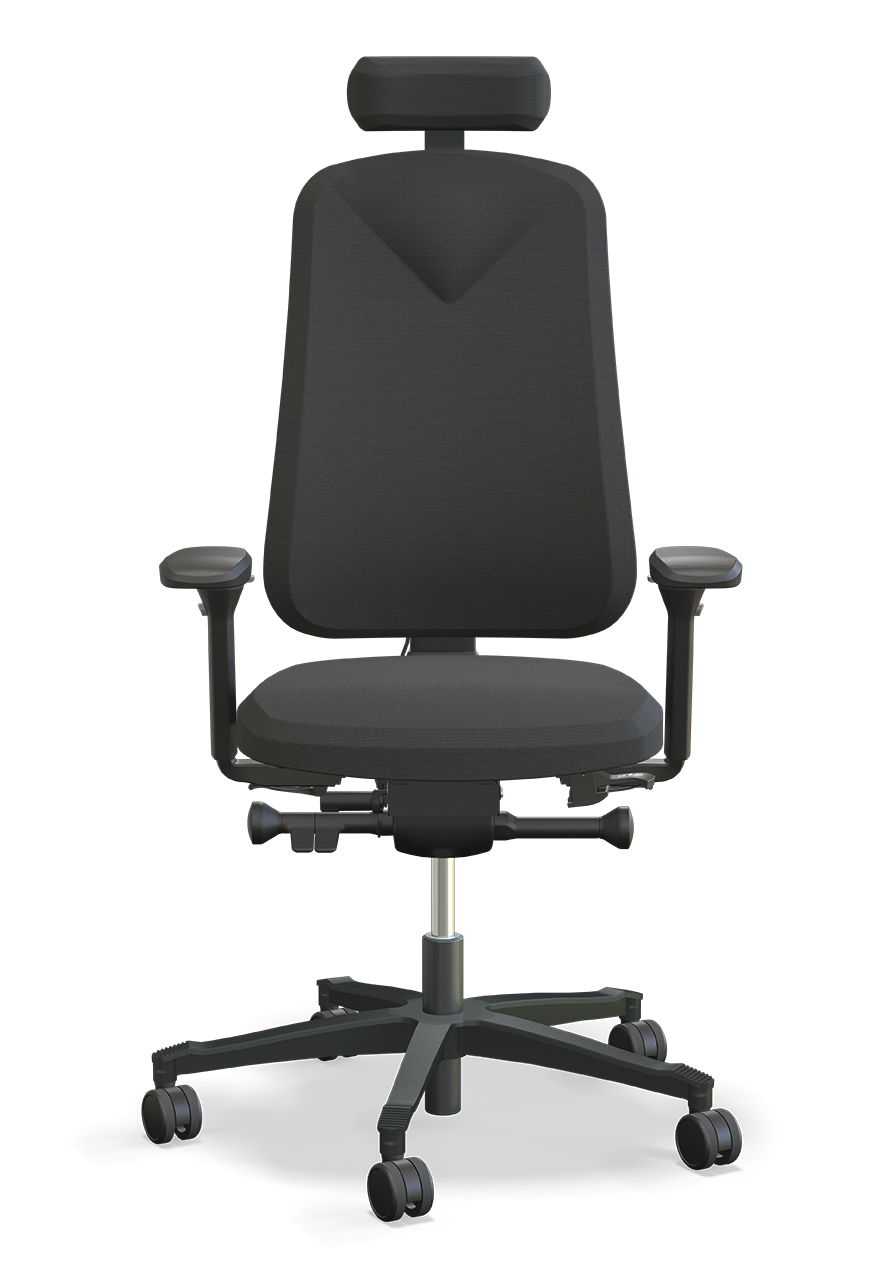 Kontorstol Höganäs +390 svart med nackstöd, armstöd och ergonomisk design för aktivt sittande hela dagen.