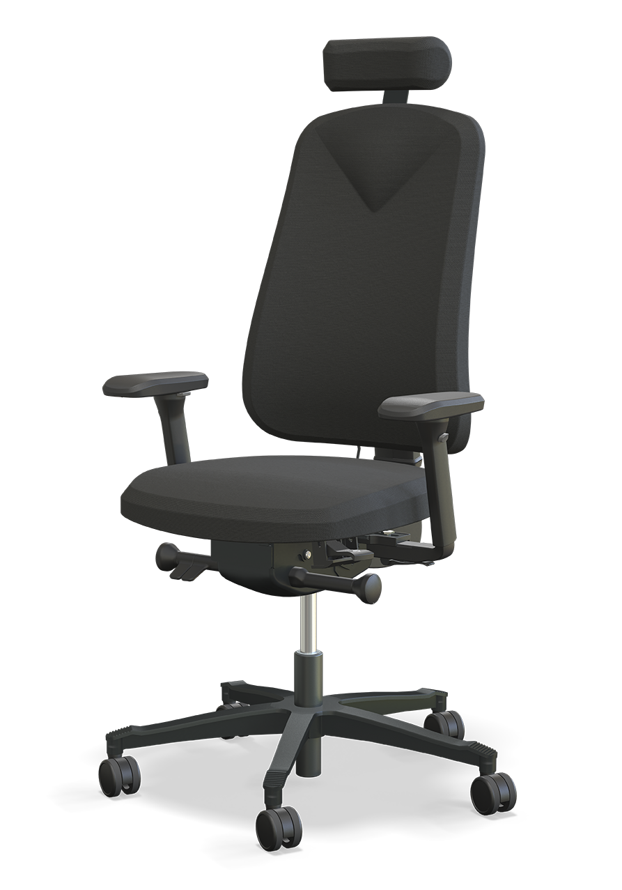 Kontorstol Höganäs +390 svart med nackstöd, armstöd och ergonomisk design för aktivt sittande.