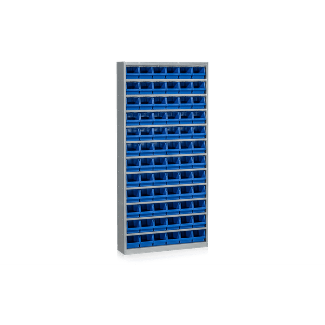 Backskåp inklusive 72 Plastbackar med robust plåtskåp och blå stapelbara plastbackar för effektiv förvaring och organisering.