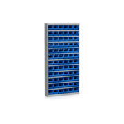 Backskåp inklusive 72 Plastbackar med robust plåtskåp och blå stapelbara plastbackar för effektiv förvaring och organisering.