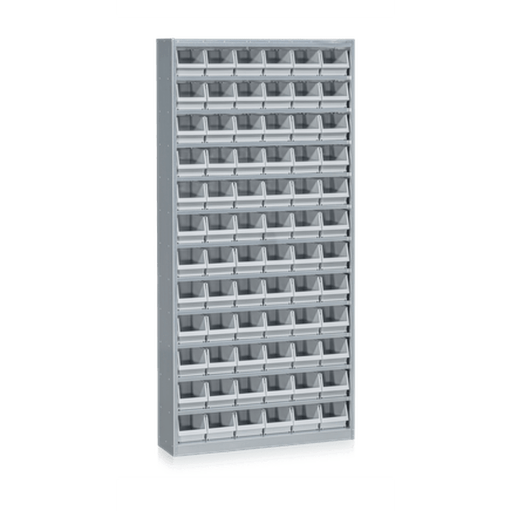Backskåp inklusive 72 Plastbackar med 11 flyttbara hyllplan, stapelbara backar och kraftig grå plåtkonstruktion.