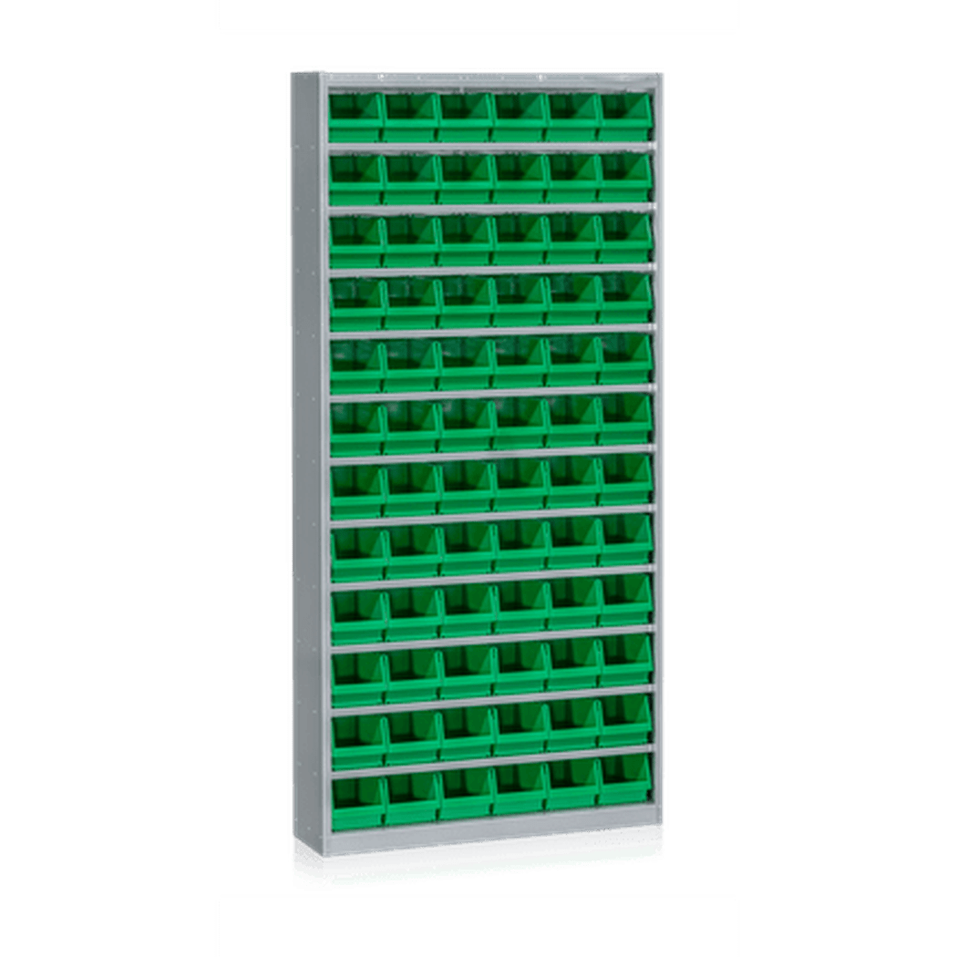 Backskåp inklusive 72 Plastbackar med 11 flyttbara hyllplan och stapelbara, kemikalieresistenta plastbackar.