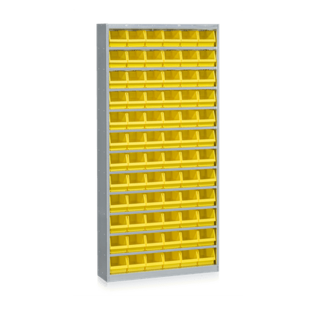 Backskåp inklusive 72 Plastbackar med 11 hyllplan och gula plastbackar för flexibel och hållbar förvaring.
