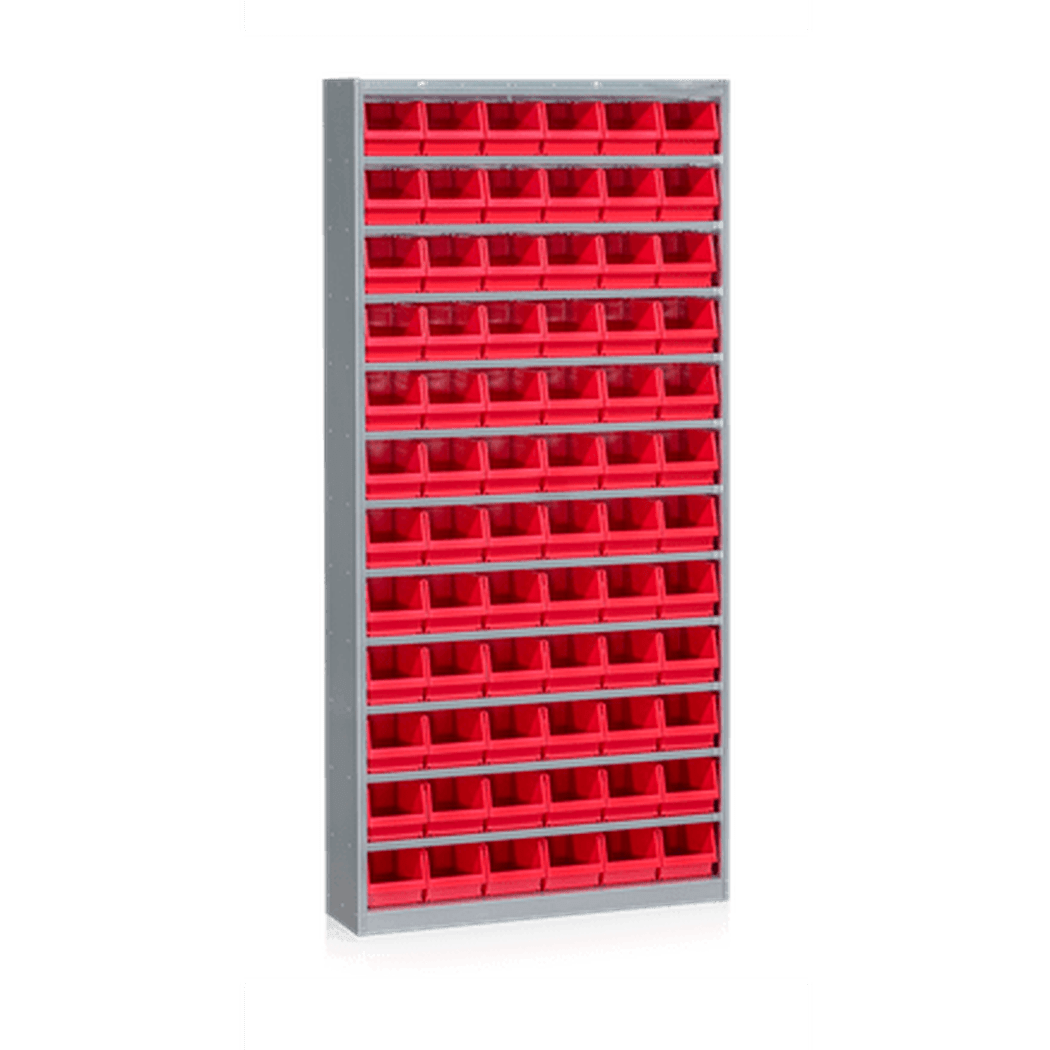 Backskåp inklusive 72 Plastbackar med röd plastback och grå pulverlackerad stålram för flexibel förvaring och organisering.