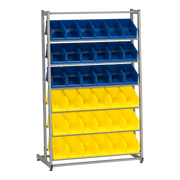 Backställ inklusive 36 Plastbackar med 6 hyllplan och blå samt gula plastbackar för effektiv och tålig förvaring.