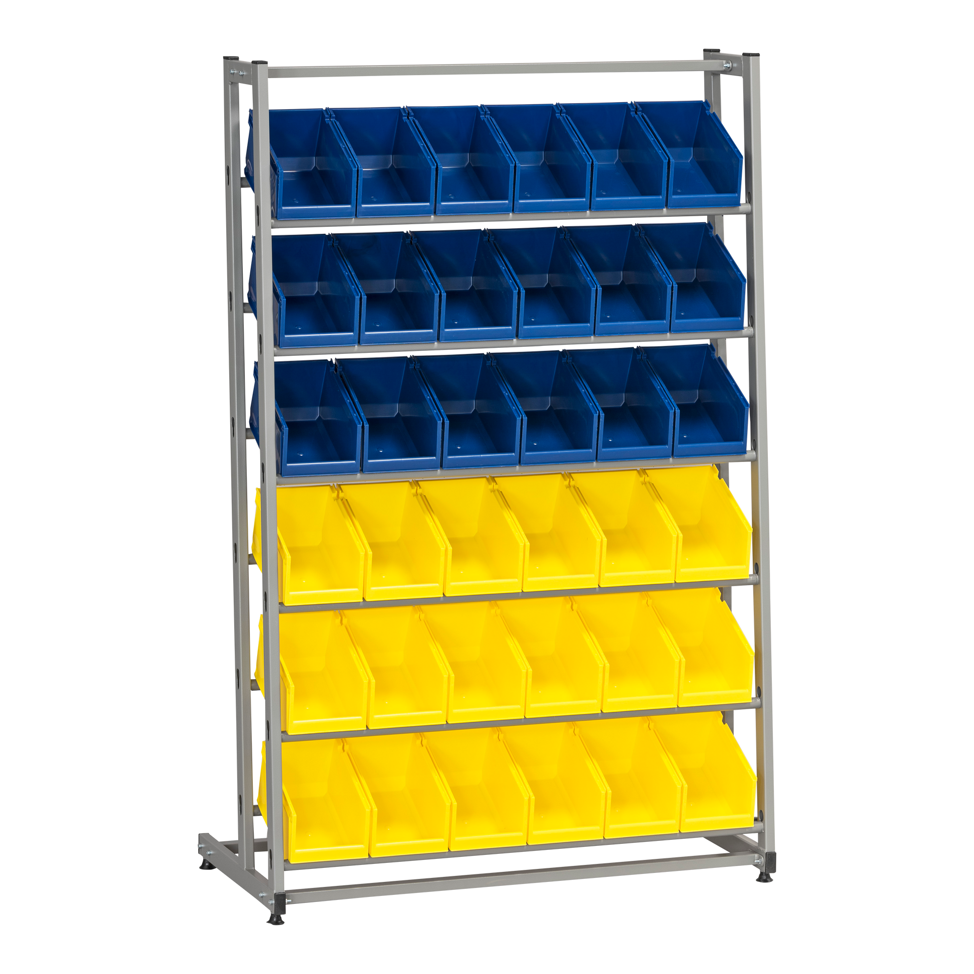 Backställ inklusive 36 Plastbackar med 6 hyllplan och blå samt gula plastbackar för effektiv och tålig förvaring.