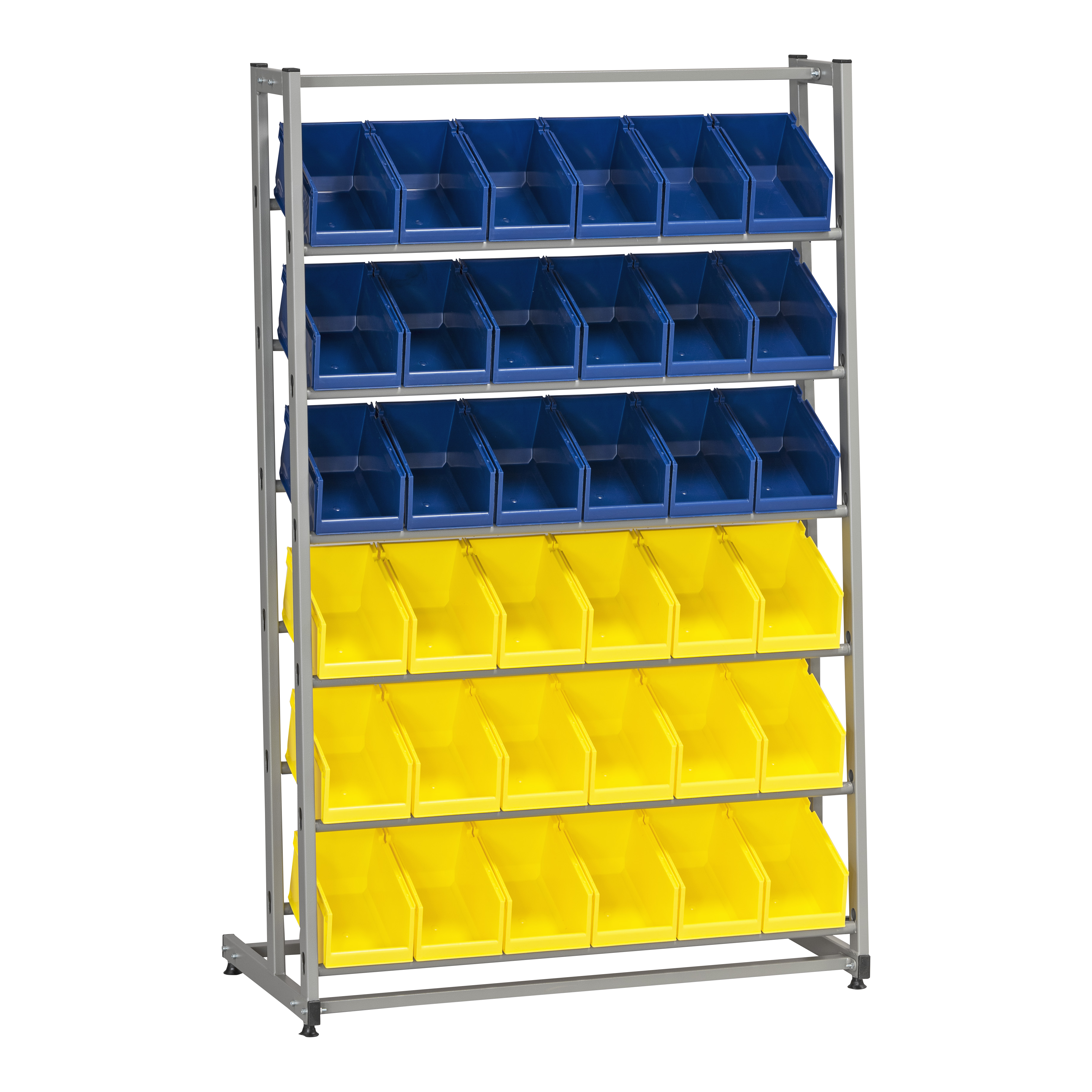 Backställ inklusive 36 Plastbackar med 6 hyllplan och blå samt gula plastbackar för effektiv och tålig förvaring.