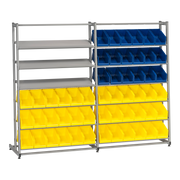 Backställ inklusive 54 Plastbackar med 12 hyllplan, hållbar förvaring för smådelar, verktyg och material i tuffa miljöer.