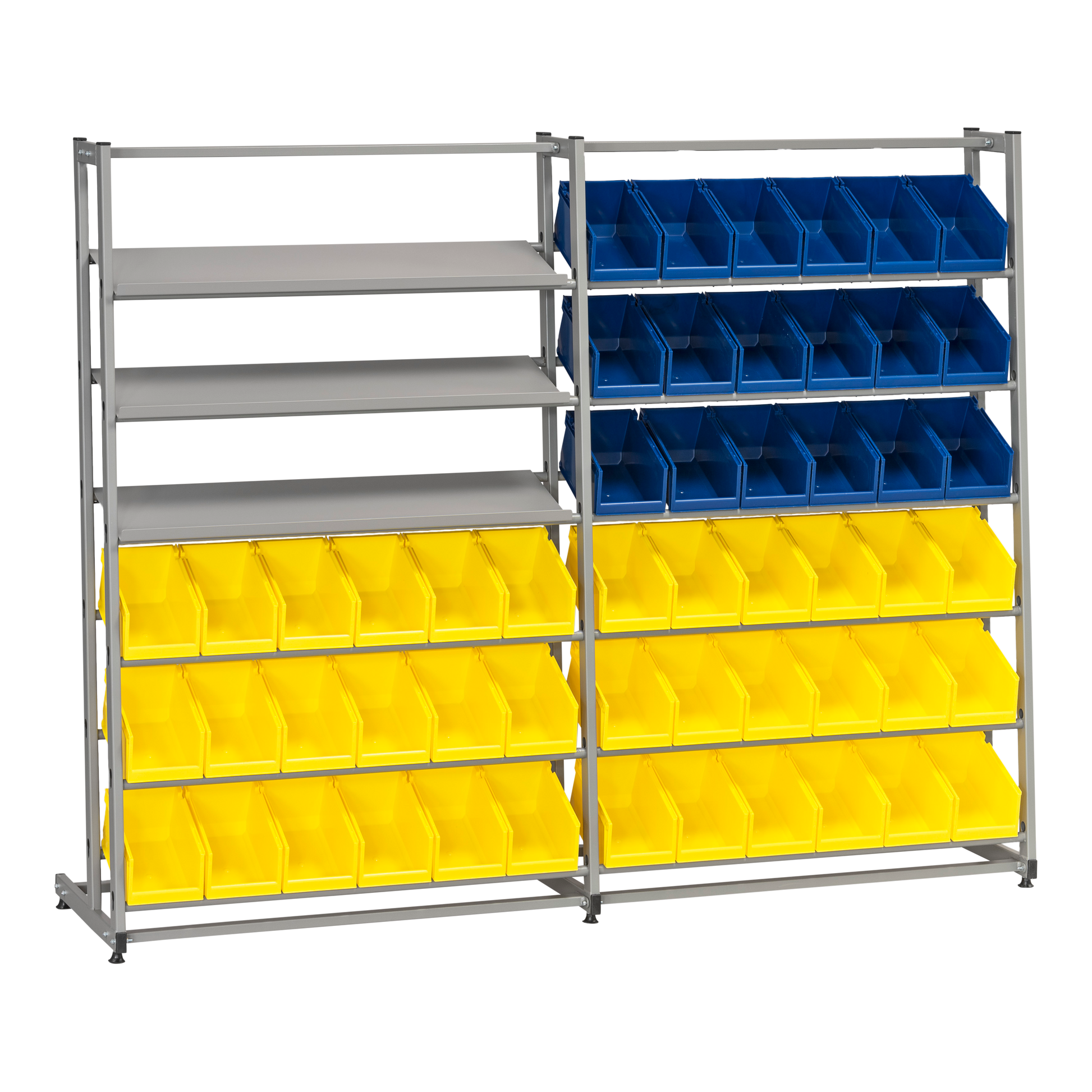 Backställ inklusive 54 Plastbackar med 12 hyllplan, hållbar förvaring för smådelar, verktyg och material i tuffa miljöer.
