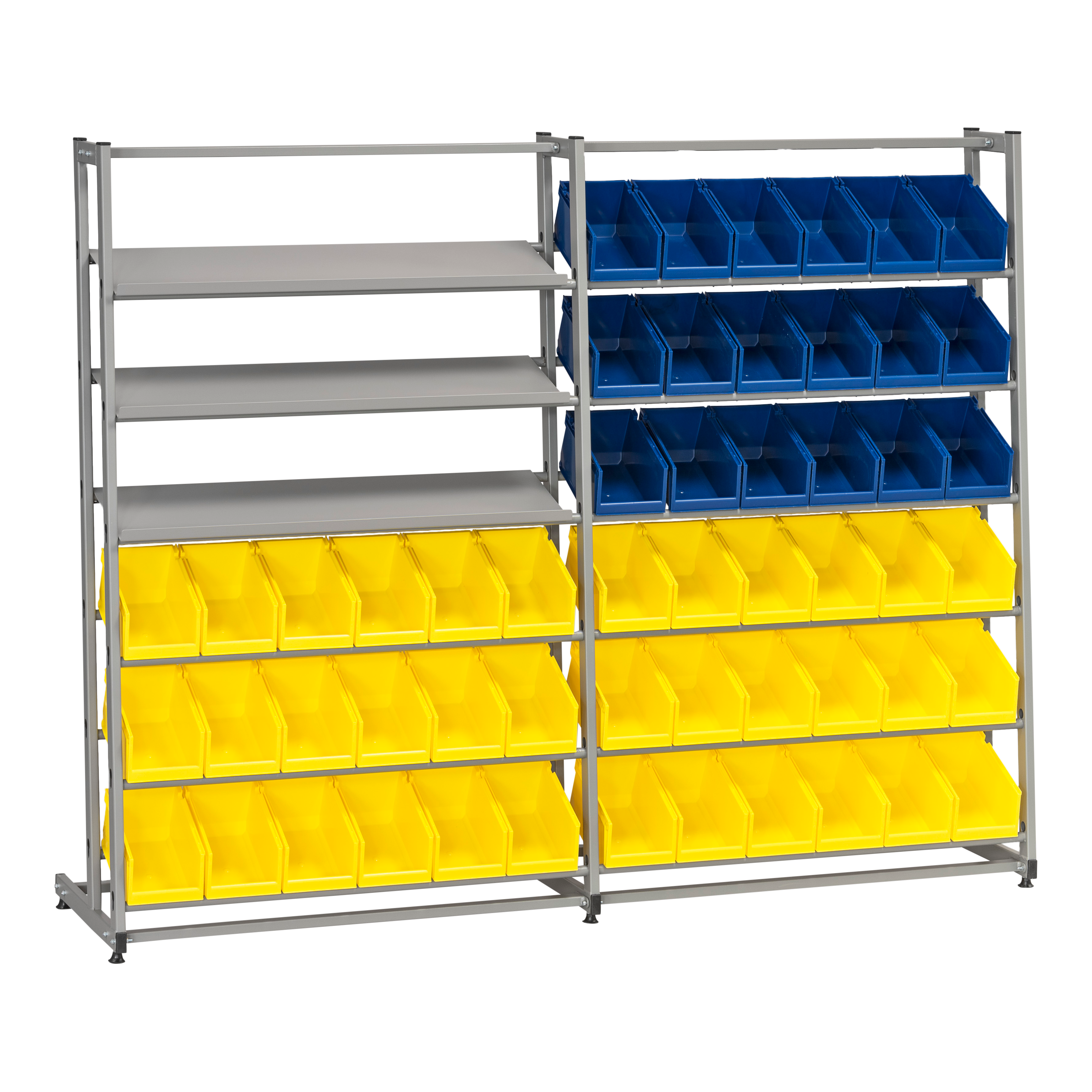 Backställ inklusive 54 Plastbackar med 12 hyllplan, hållbar förvaring för smådelar, verktyg och material i tuffa miljöer.