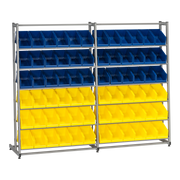Backställ inklusive 72 Plastbackar med 12 hyllplan och färgade plastbackar för effektiv och hållbar förvaring.