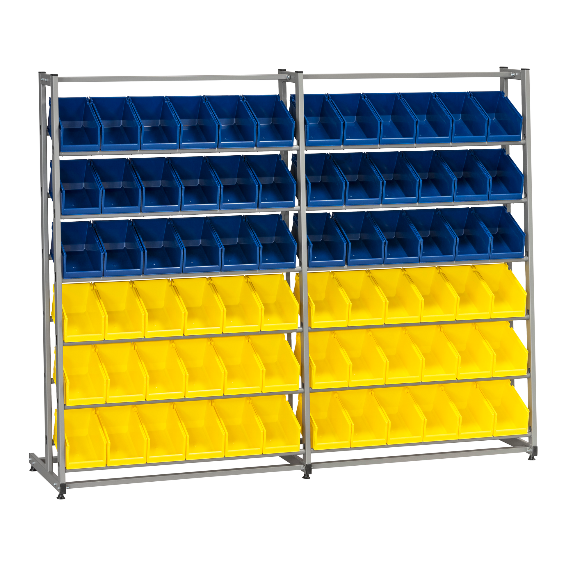 Backställ inklusive 72 Plastbackar med 12 hyllplan och färgade plastbackar för effektiv och hållbar förvaring.