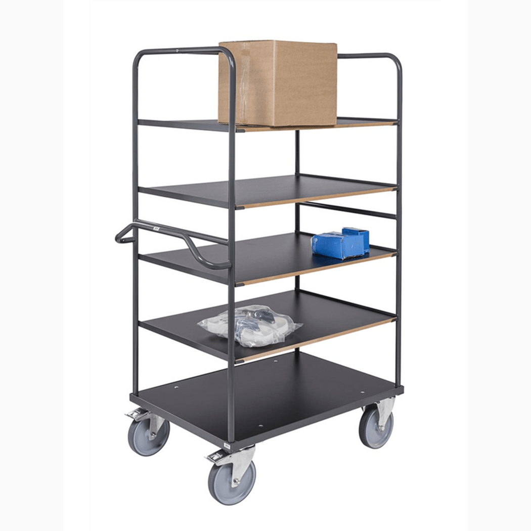Ergonomisk hyllvagn, 5 hyllplan, 1100x700x1800mm, 500kg, inkl. broms