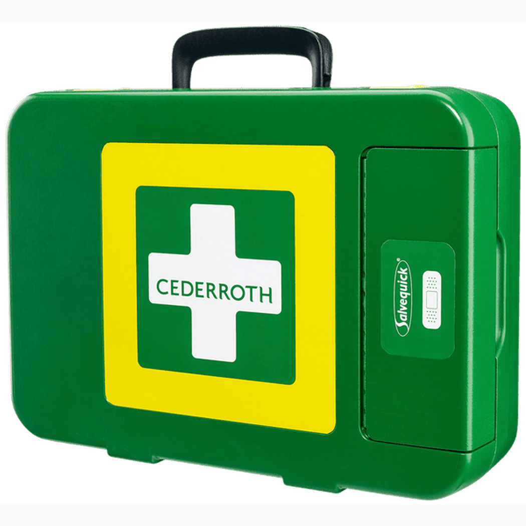 Första Hjälpen-kit Cederroth Extra Stor i robust grön väska med tydlig märkning för effektiv första hjälpen.