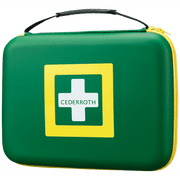 Första Hjälpen-kit Cederroth Stor i grön väska med bärhandtag, innehåller första hjälpen-material för akuta situationer.