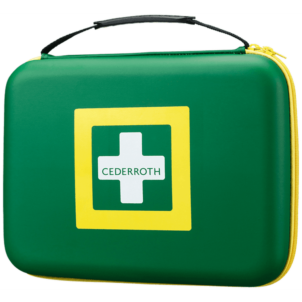 Första Hjälpen-kit Cederroth Stor i grön väska med bärhandtag, innehåller första hjälpen-material för akuta situationer.