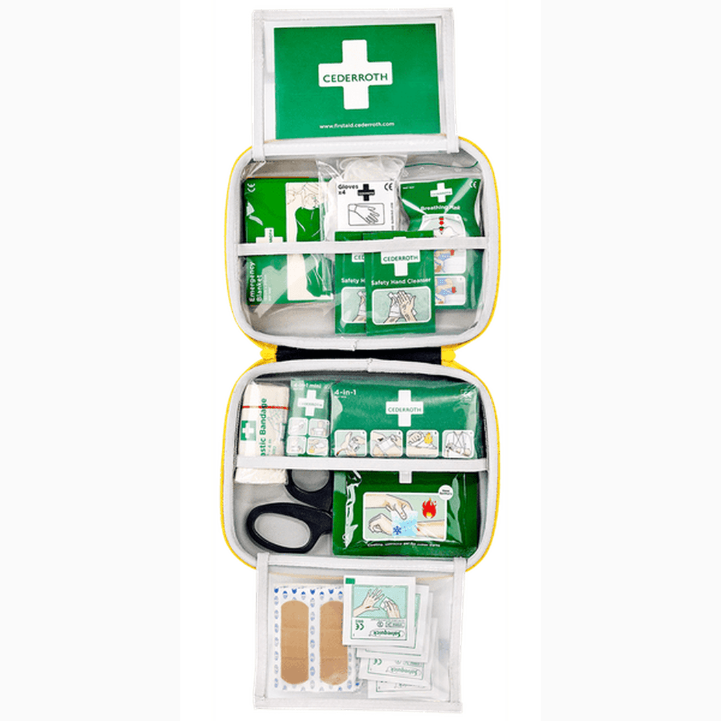 Öppet Första Hjälpen-kit Cederroth Mellan med plåster, bandage, handsprit och sax för snabb första hjälpen.
