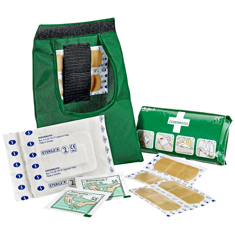 Första Hjälpen-kit Cederroth Liten med plåster, bandage och desinfektionsmedel i kompakt förpackning för akuta behov.