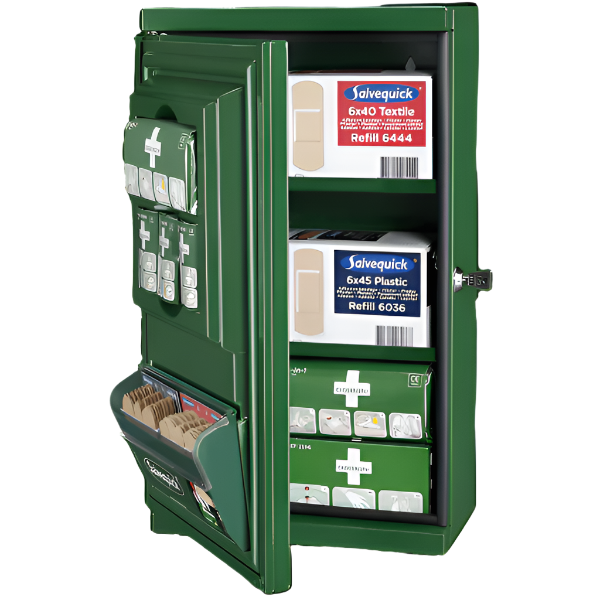 Första Hjälpenskåp Cederroth med organiserade plåster och bandage för snabb första hjälpen vid olyckor.