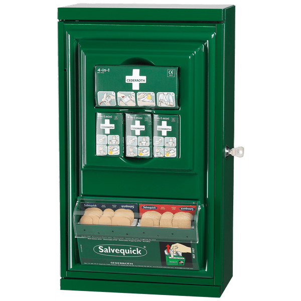 Första Hjälpenskåp Cederroth i grön metall med organiserat innehåll för snabb åtkomst vid nödsituationer.