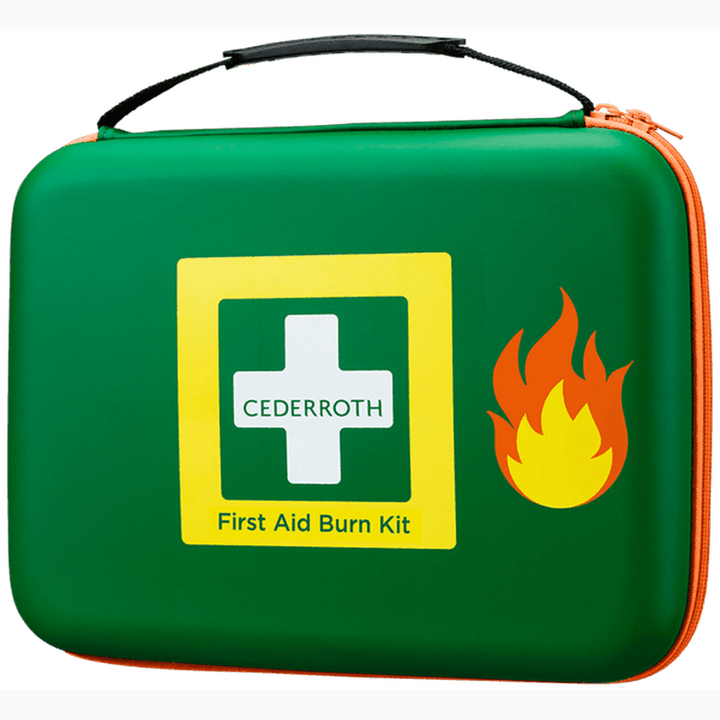 Första hjälpen/brännskade kit i grön väska med handtag och symboler för första hjälpen och brand.