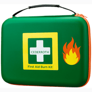 Första hjälpen/brännskade kit i grön väska med handtag och symboler för första hjälpen och brand.