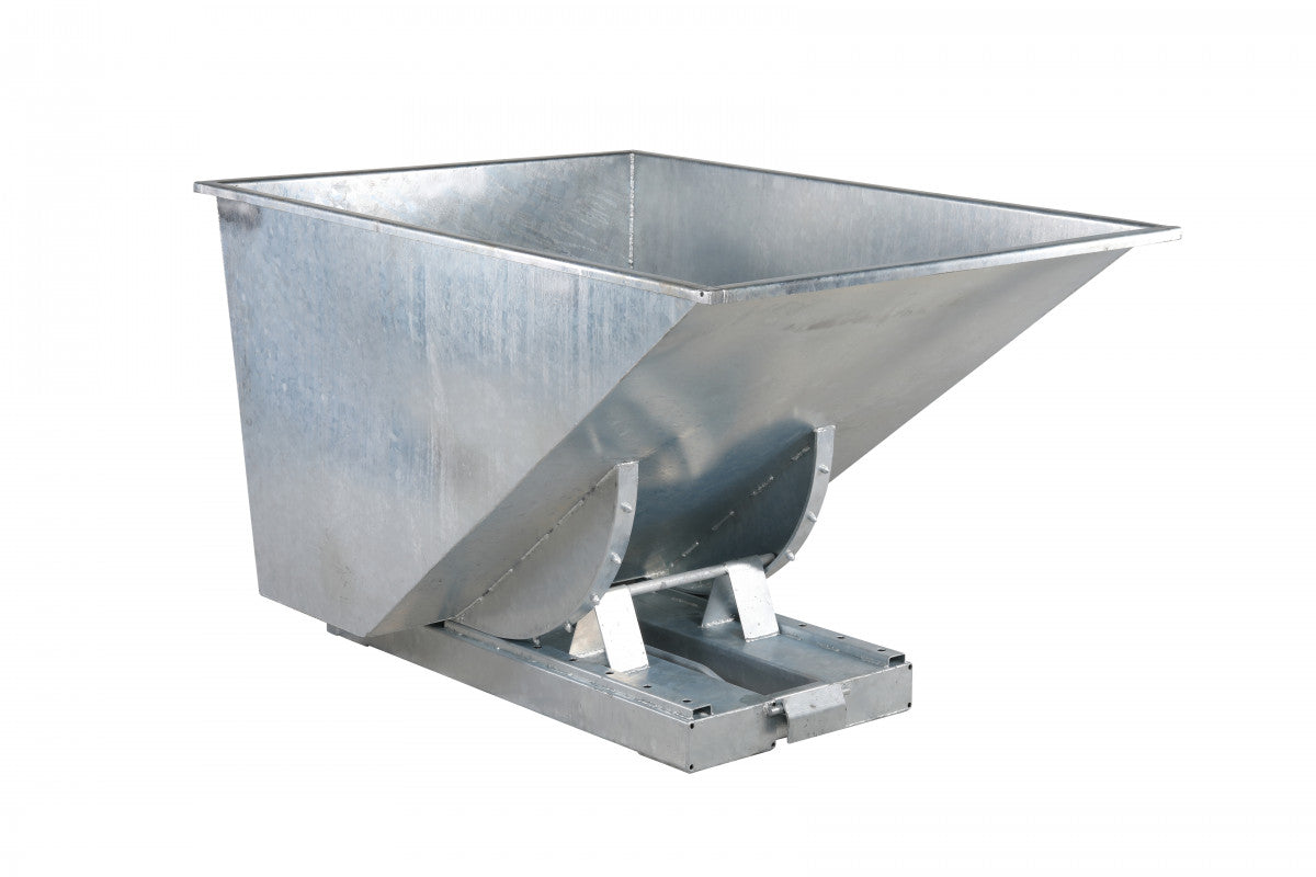 Galvaniserad tippcontainer, 1100 liter, 2500kg, robust stålkonstruktion och smidig tippfunktion för effektiv avfallshantering.