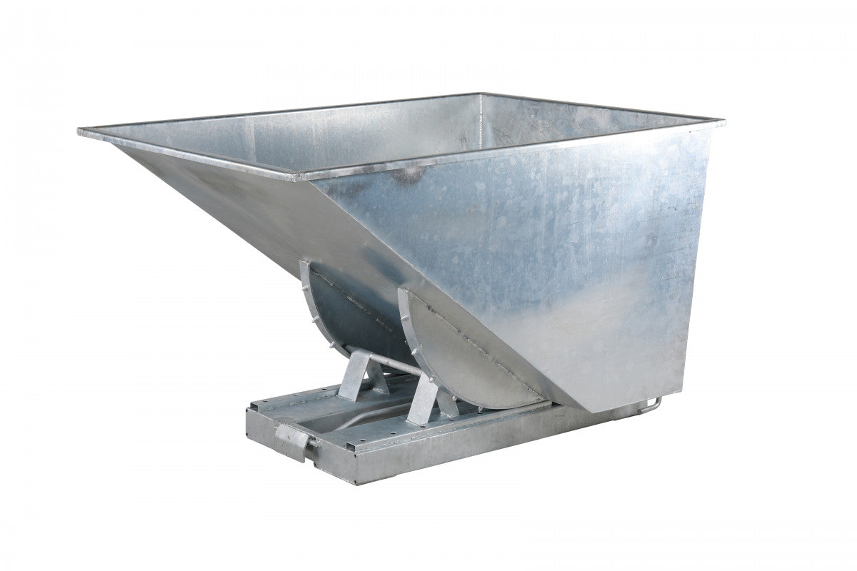 Galvaniserad tippcontainer, 1100 liter, 2500kg med robust stålkonstruktion och smidig tippfunktion för effektiv avfallshantering.