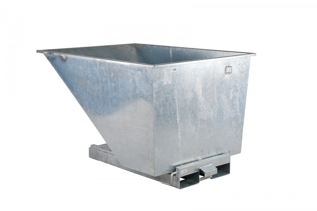 Galvaniserad tippcontainer, 1100 liter, 2500kg i robust stålkonstruktion med tippfunktion och rostskydd för effektiv avfallshantering.