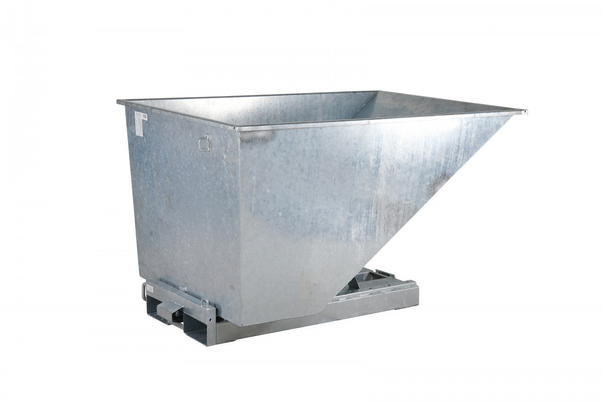 Galvaniserad tippcontainer, 1100 liter, 2500kg i slitstål med rostskydd och truckanpassad design för säker avfallshantering.