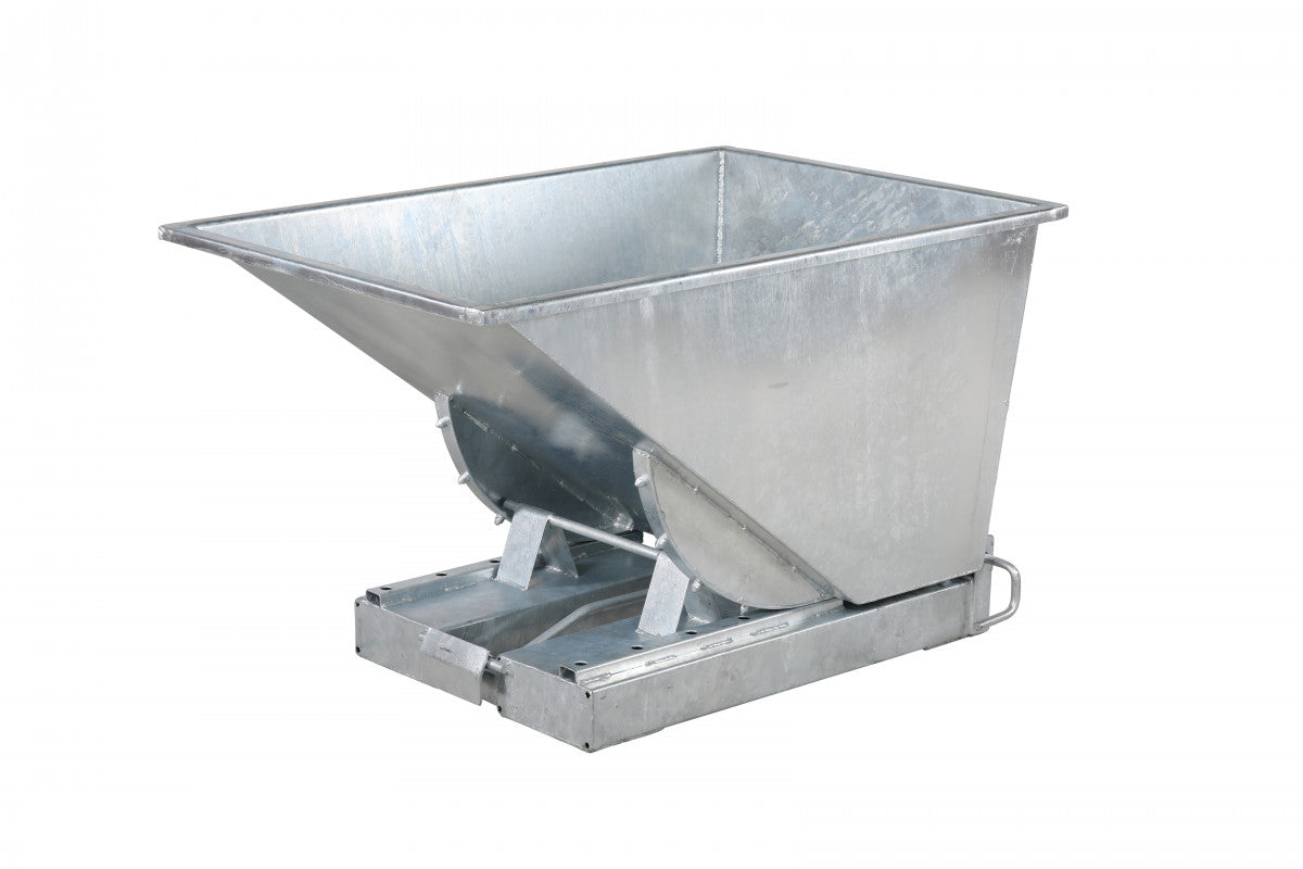 Galvaniserad tippcontainer, 300 liter, 2500kg i slitstål med tippfunktion och rostskydd för effektiv avfallshantering.