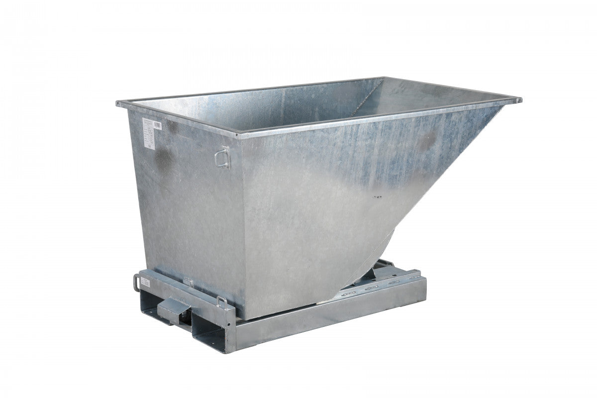 Galvaniserad tippcontainer, 600 liter, 2500kg med robust stålkonstruktion och tippfunktion för effektiv avfallshantering.