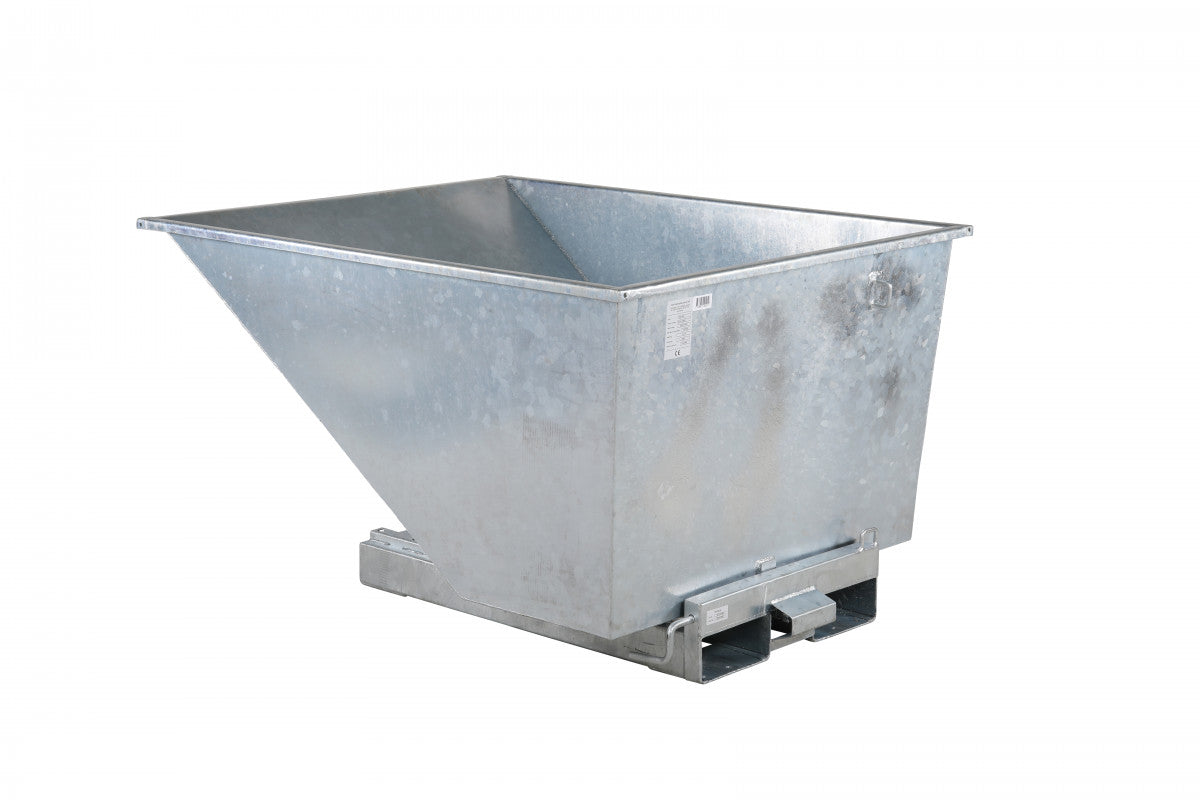 Galvaniserad tippcontainer, 900 liter, 2500kg i galvaniserat stål med tippfunktion och truckanpassad design för effektiv avfallshantering.