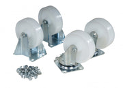 Hjulsats Nylon till tippcontainer med 2 länkhjul och 2 fasta nylonhjul för tyst och slitstark mobilitet.