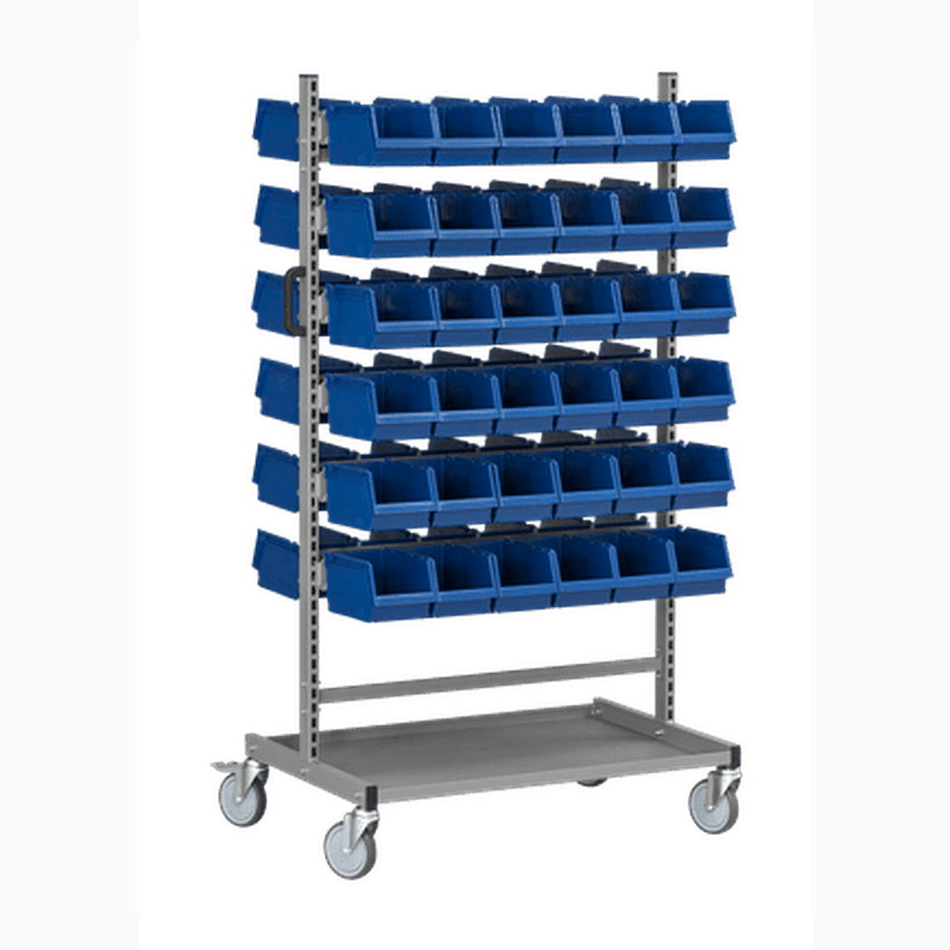 Komplett montörvagn 150 kg med 72 blå plastbackar och hjul för effektiv verktygs- och materialorganisation.