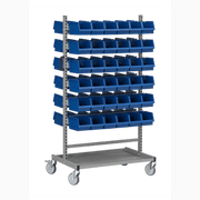 Komplett montörvagn 150 kg med 72 blå plastbackar och hjul för effektiv verktygs- och materialorganisation.
