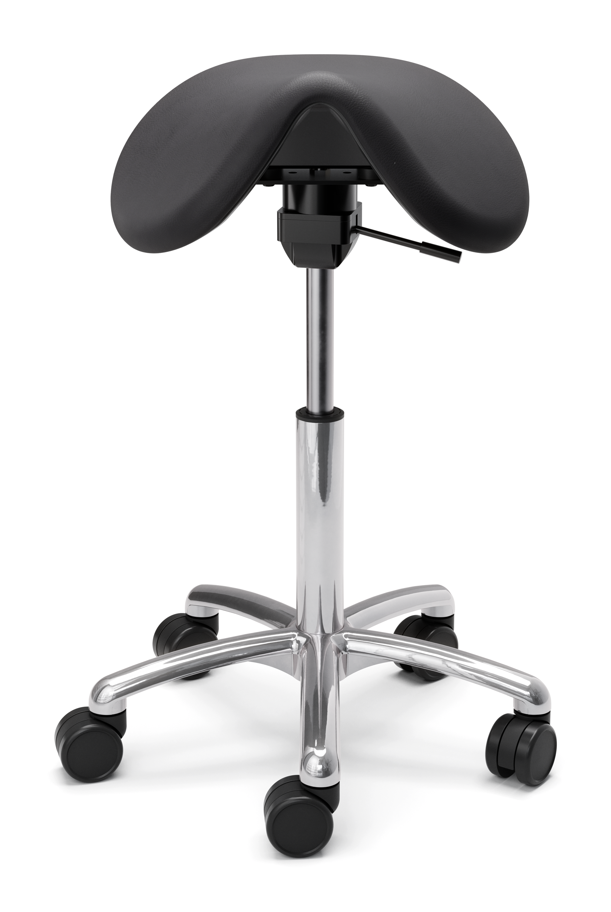 Sadelstol Polo M, Svart med fast tvåspaksmekanik för aktiv sittställning och justerbar höjd i arbetsmiljö.