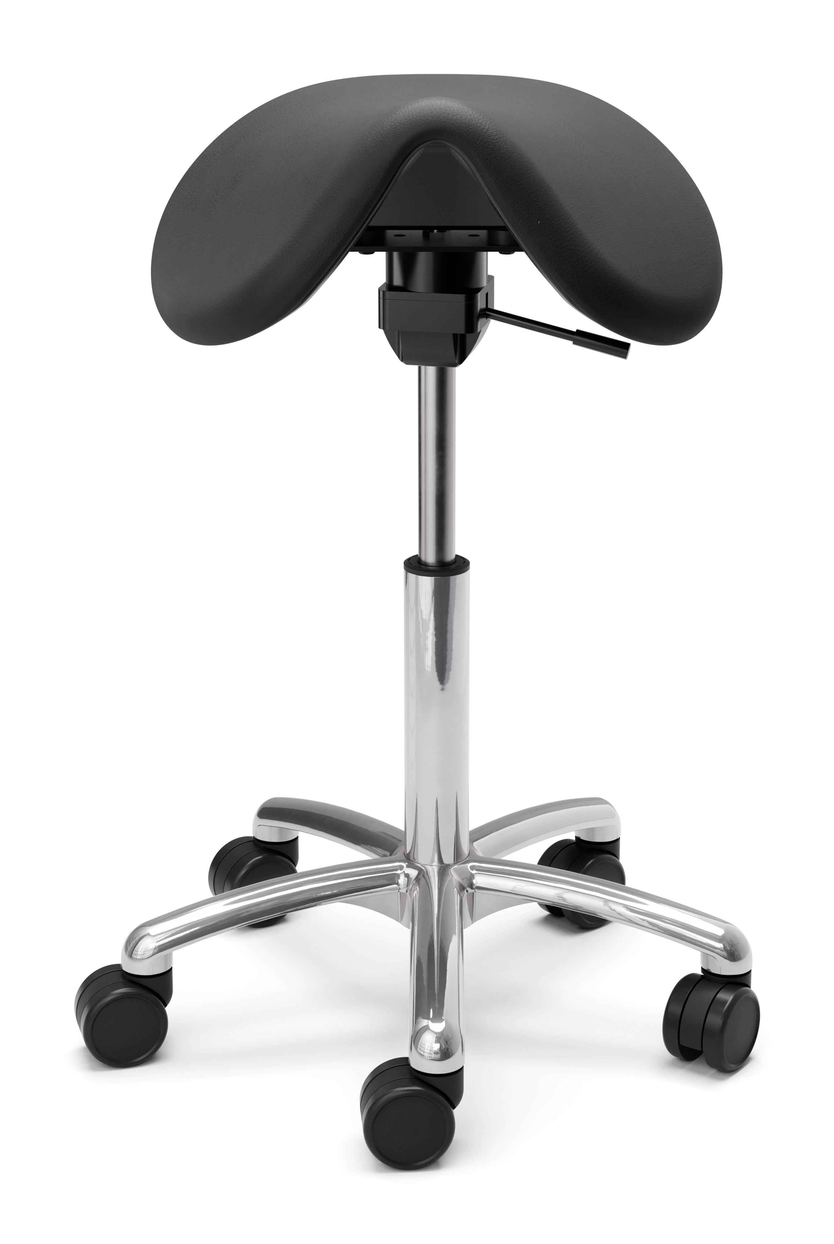 Sadelstol Polo M, Svart med fast tvåspaksmekanik för aktiv sittställning och justerbar höjd i arbetsmiljö.