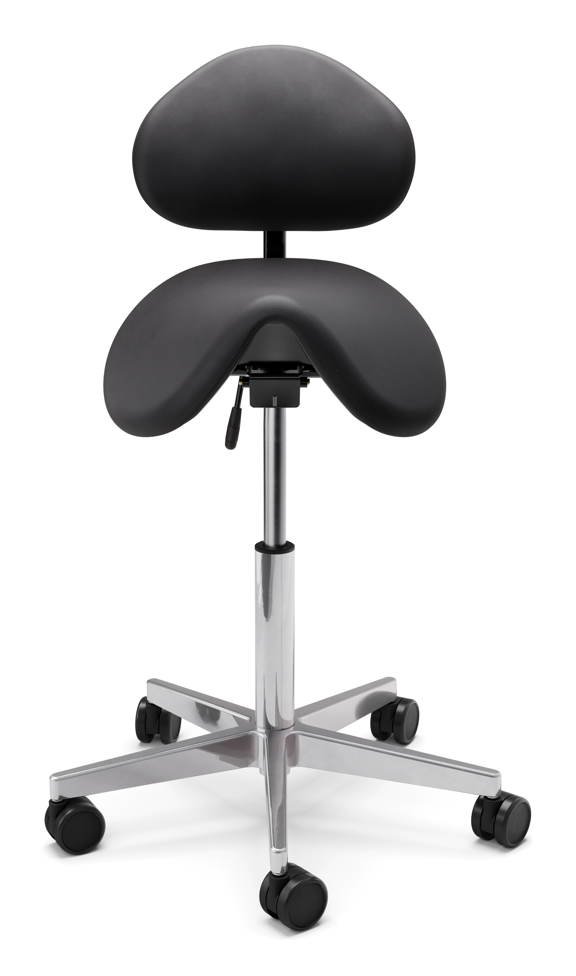 Sadelstol Polo M, Svart med tvåspaksmekanik för aktiv sittställning och justerbar lutning med hjul och metallfot.