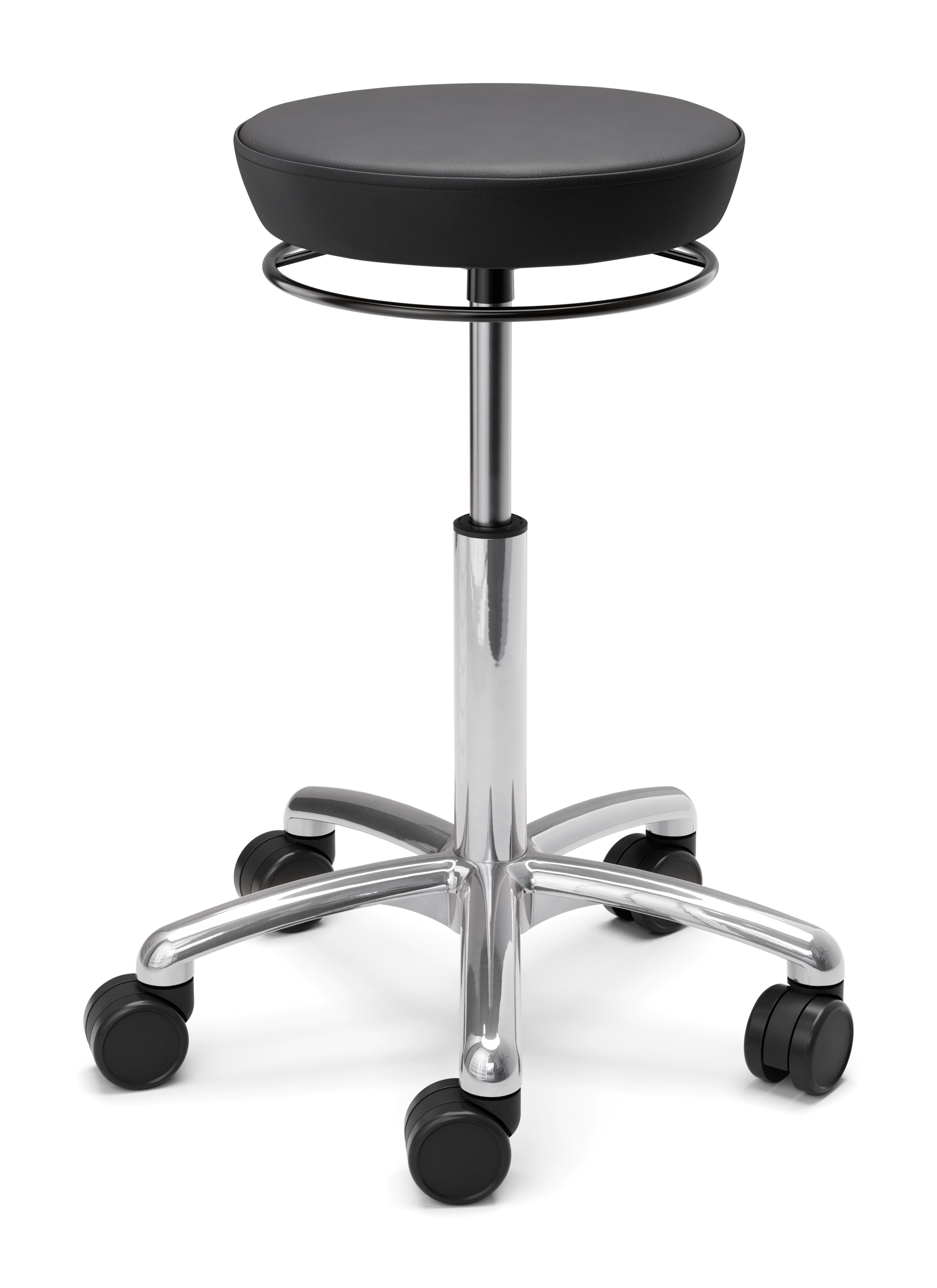 Sadelstol Circle Svart med mjuk sits, höjdjustering och hjul för rörlighet i svart konstläder Puxx.