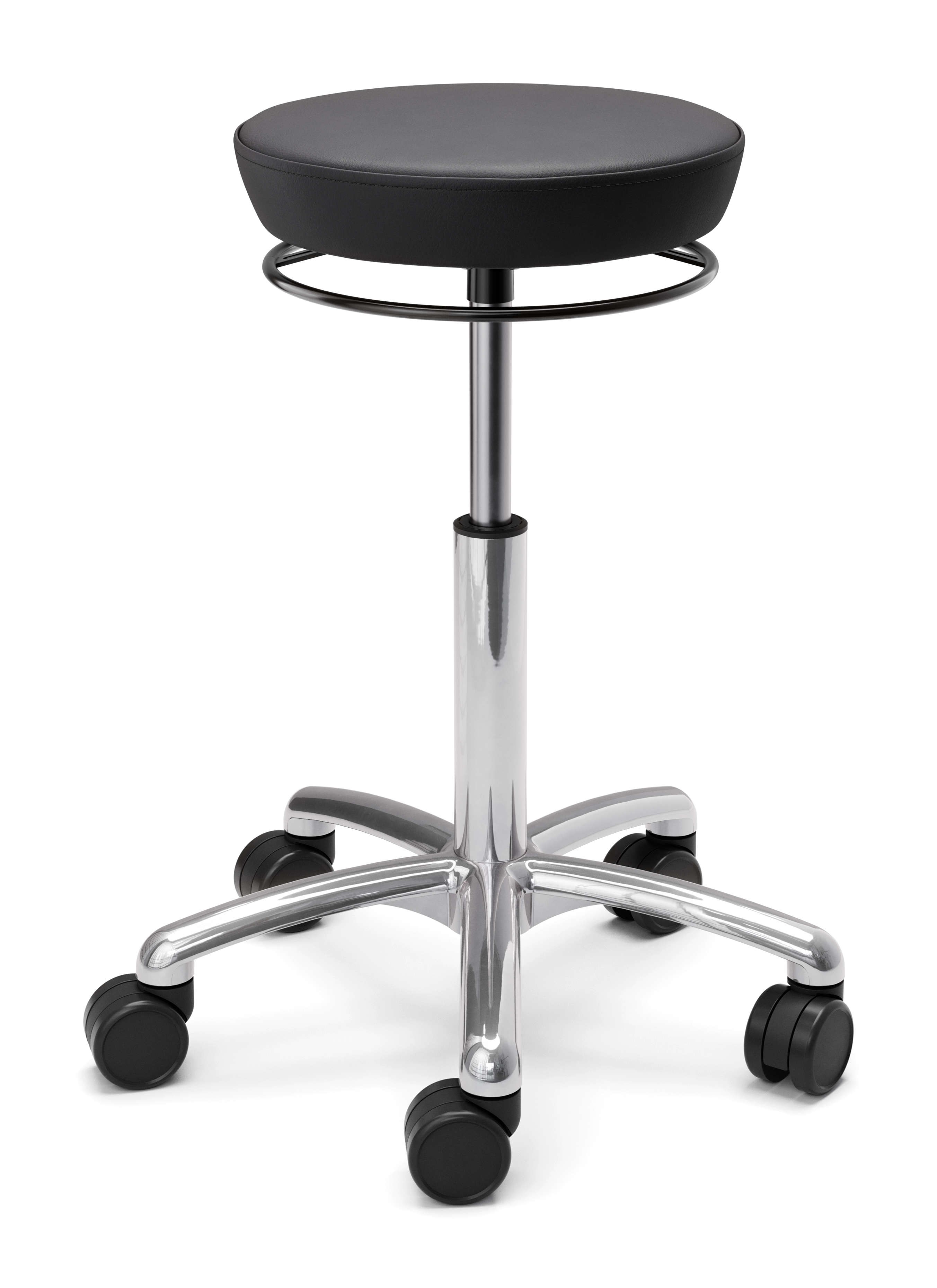 Sadelstol Circle Svart med mjuk sits, höjdjustering och hjul för rörlighet i svart konstläder Puxx.