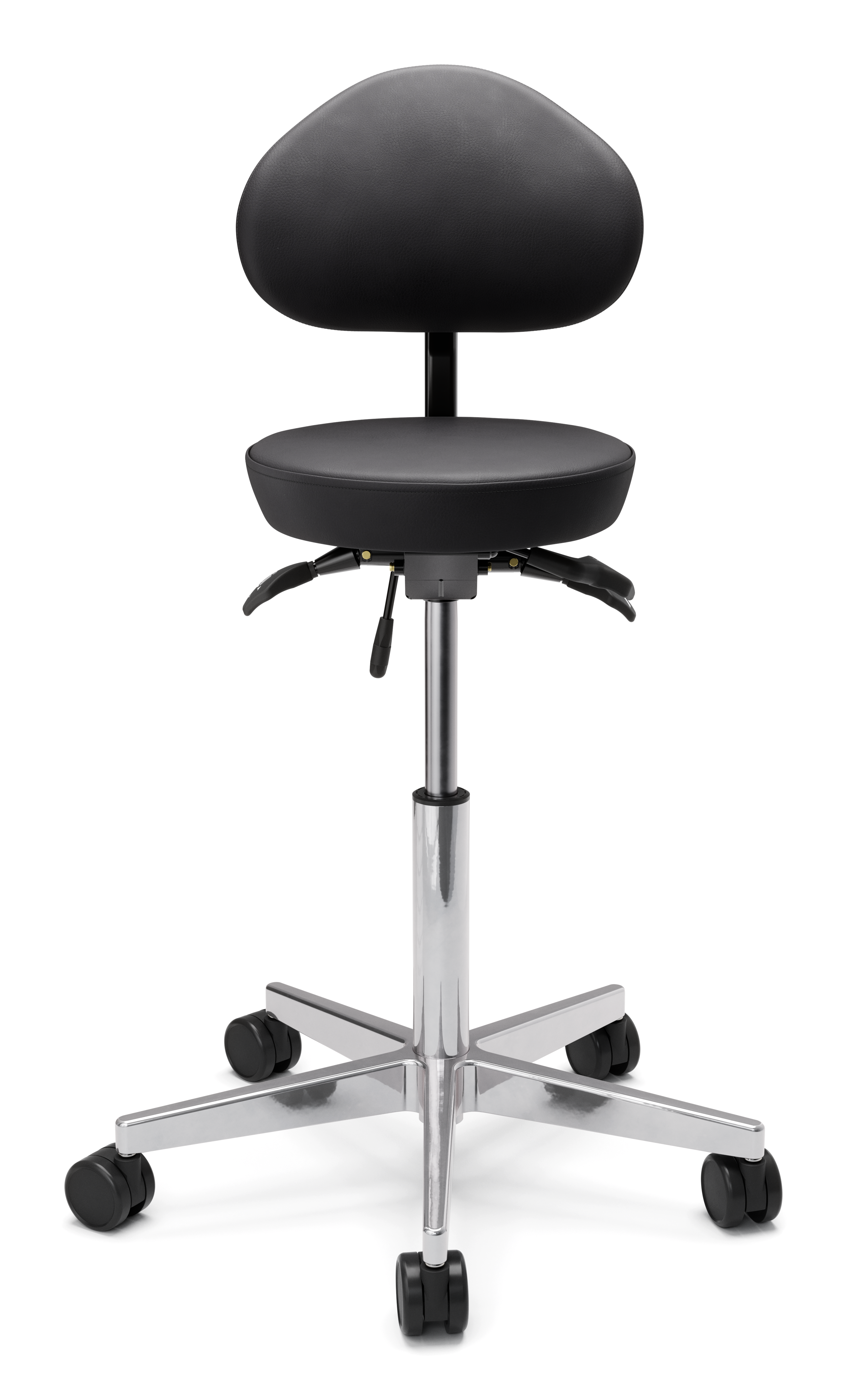 Sadelstol Circle, Svart i svart konstläder med höjdjusterbar sits och ergonomisk design på hjulbas.