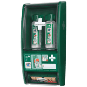 Ögonduschstation Cederroth med två 500 ml ögonduschflaskor och transparent skyddslucka mot damm och fukt.