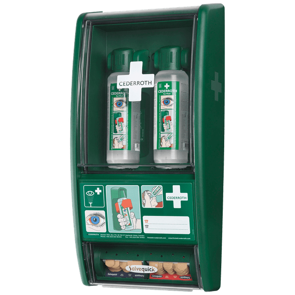 Ögonduschstation Cederroth med två 500 ml ögonduschflaskor och transparent skyddslucka mot damm och fukt.