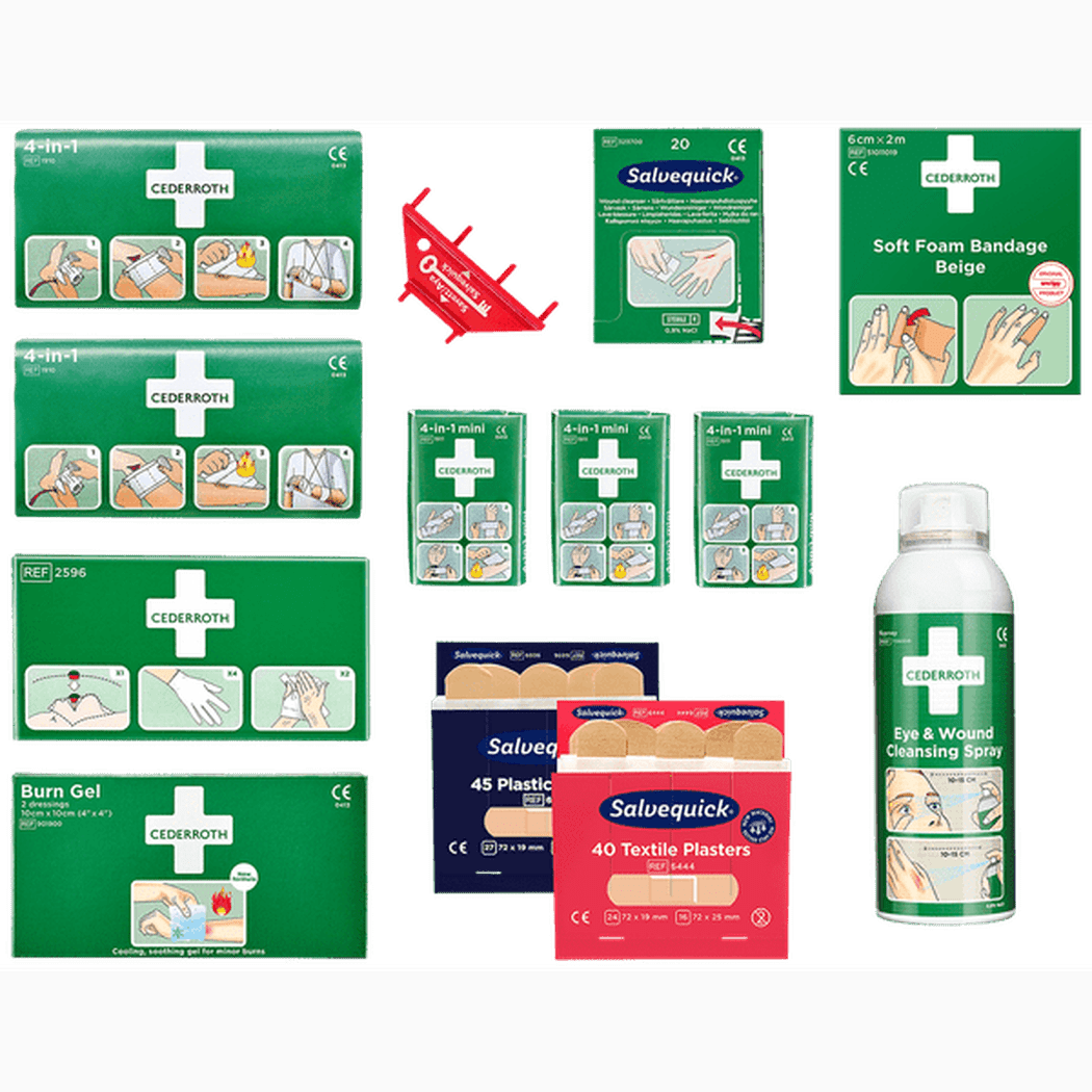 Refill första hjälpen station Cederroth med plåster, bandage, antiseptiska servetter och förbandsmaterial.